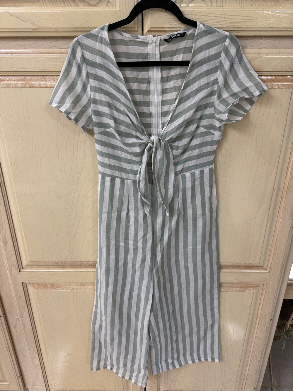 SHEIN Sage and White Striped Tie-Front Jumpsuit